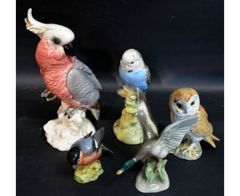 A Beswick Model of a Cockatoo No. 1180 together with another similar model of a Budgerigar No. 1217, a model of an Owl No. 20