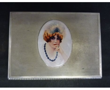 An 800 Silver Mark Rectangular Cigarette Box, the hinged top with oval enamel portrait of a lady, 15 x 11 cms