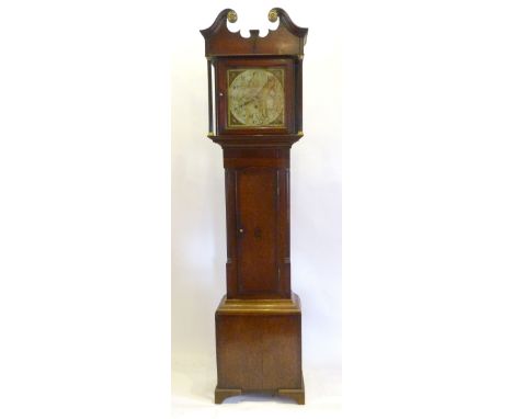 A George III Oak Long Case Clock, the square hood with swan neck pediment and turned pilasters above a shell inlaid door flan