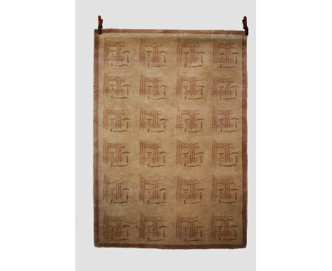 Tibetan rug, Inner Asia, modern production, 6ft. 7in. X 4ft. 7in. 2.01m. X 1.40m. Minimalist design of blocks of parallel lin
