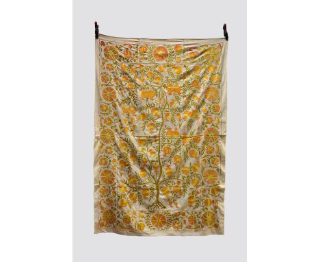 Modern suzani, Uzbekistan, second half 20th century, 85in. X 57in. 216cm. X 145cm.  The undyed cotton ground embroidered prin