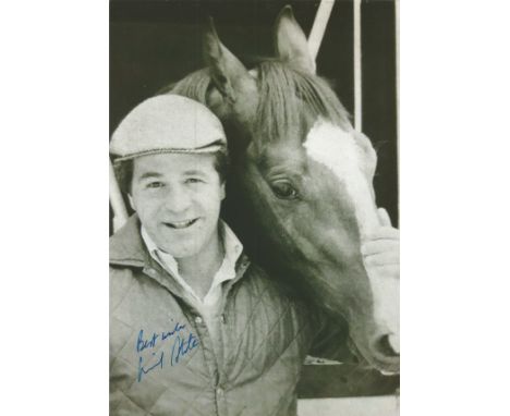 Horse Racing Sir Michael Stoute signed black and white colour photo pictured with the legendary Shergar who of which Stoute t