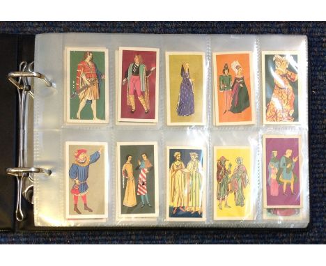 Cigarette card collection in half size album. Includes Brooke bond set British costumes 1967, Saga of ships 1970. Carreras se