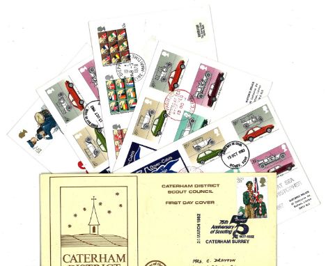 GB FDC collection. 6 in total. 3 FDC 13/10/82 Motor cars and cachets - mvst Amelin and paquebot. 1 9/5/79 direct elections wi