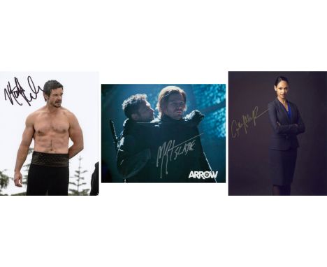 Blowout Sale! Lot of 3 Arrow tv show hand signed 10x8 photos. This beautiful lot of 3 hand signed photos depict Manu Bennet (