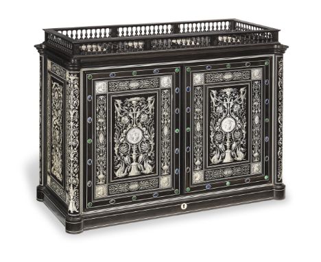 An Italian 19th century Renaissance revival hardstone mounted ebony and engraved ivory marquetry table cabinet by Giovanni Ba