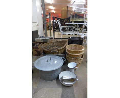 Galvanised items, Salter pocket balance scales, wicker baskets, etc. 
