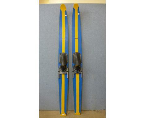 A pair of vintage wooden skis 