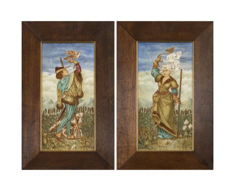 W.T. COPELAND & SONS  PAIR OF TILE PANELS, CIRCA 1880   painted as a Medieval falconer and his companion in a landscape, impr
