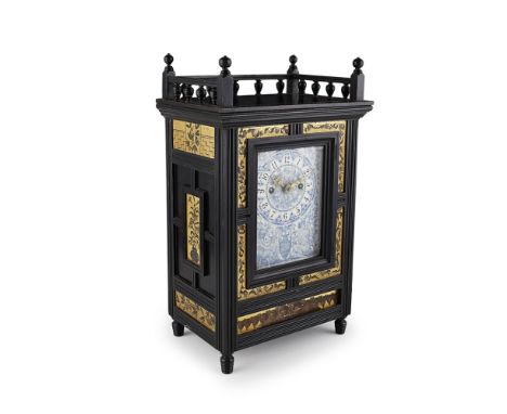 ENGLISH SCHOOL  AESTHETIC MOVEMENT EBONISED MANTEL CLOCK, CIRCA 1880   the twin train fusee movement with dial profusely pain