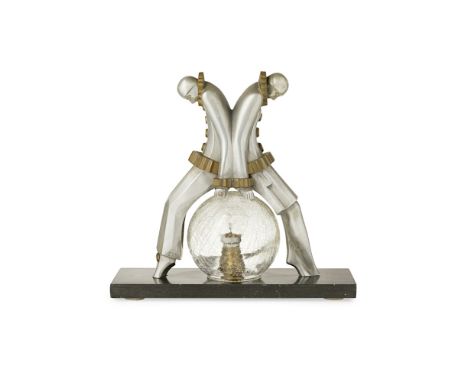 ART DECO  PEWTER FIGURAL TABLE LAMP, CIRCA 1930   cast in pewter with opposed stylised figures of Pierrot and Pierrette, seat