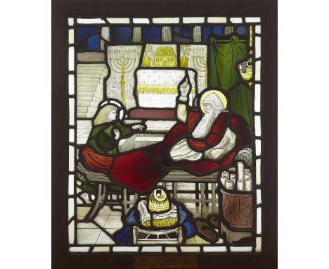 [§] BERNARD DEAN WALMSLEY (1893-1985)  'THE CALLING OF SAMUEL', STAINED GLASS PANEL, CIRCA 1920   within oak frame, bears pap