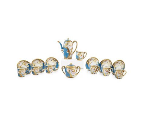 NORITAKE, JAPAN  ART DECO PORCELAIN COFFEE SERVICE, CIRCA 1930   painted in gilt and coloured enamels with a cubist design, a