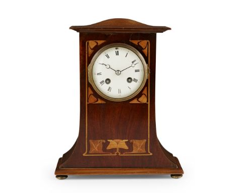 ART NOUVEAU  INLAID MAHOGANY MANTEL CLOCK, CIRCA 1900   with domed top above a white enamel dial enclosed by inlaid flowers a