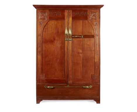PROBABLY W. J. NEATBY FOR LIBERTY & CO., LONDON  ART NOUVEAU FRUITWOOD WARDROBE, CIRCA 1900   the projecting cornice above tw