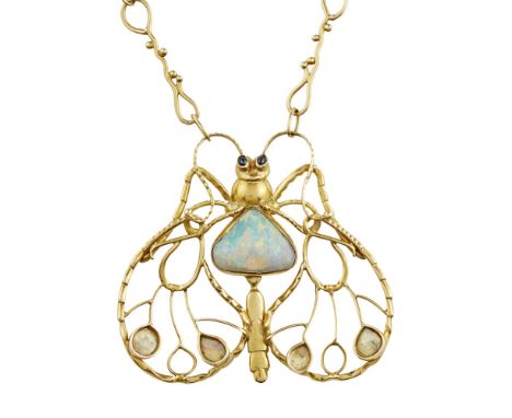 [§] ERIK MAGNUSSEN (1884-1960)  AN OPAL AND SAPPHIRE SET PENDANT, CIRCA 1918   modelled as a stylised butterfly, the body set