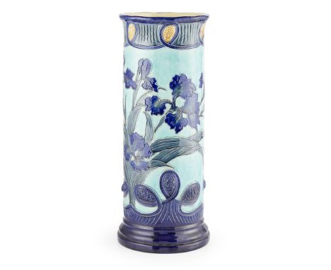 BURMANTOFTS POTTERY, LEEDS  FAIENCE STICK STAND, CIRCA 1895   model 2026, decorated with irises in relief, impressed and pain