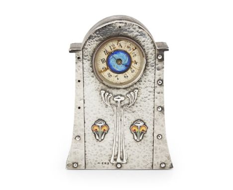 JAMES FENTON & CO., BIRMINGHAM  ART NOUVEAU SILVER AND ENAMEL MANTEL CLOCK, 1906   the circular dial within arched oak case, 
