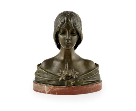 EMMANUEL VILLANUS (1858-1914)  ART NOUVEAU BRONZE BUST OF A LADY, CIRCA 1890  dark brown patina, signed, numbered and stamped