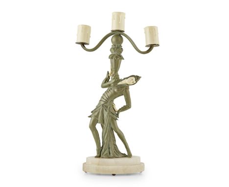 CONTINENTAL SCHOOL  ART DECO PATINATED METAL TABLE CANDELABRA, CIRCA 1930   cast as a dancer holding a three branch light fit