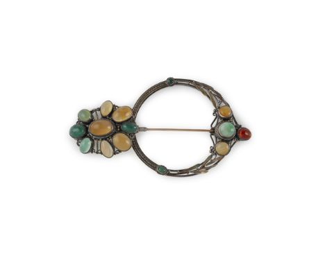 ATTRIBUTED TO BERNARD INSTONE  BIRMINGHAM SCHOOL ARTS & CRAFTS GEM-SET BROOCH, CIRCA 1900   of annular form with leaf, berry 