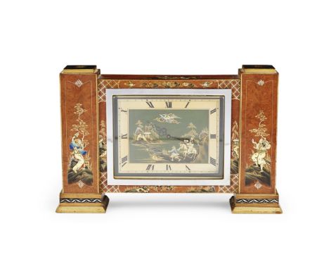 ART DECO  CHINOISERIE WALNUT CASED MANTEL CLOCK, CIRCA 1930   of stepped rectangular outline, painted with Chinoiserie scenes