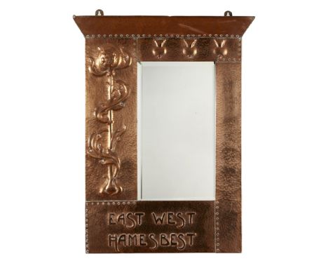 SCOTTISH SCHOOL  ARTS & CRAFTS COPPER WALL MIRROR, CIRCA 1910   the bevelled mirror plate within hammered frame with repoussé