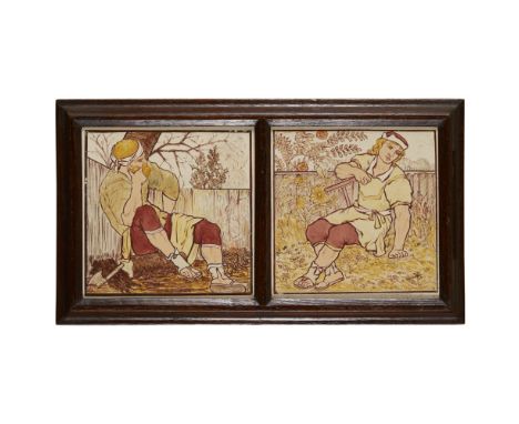 ATTRIBUTED TO EDWARD WILLIAM GODWIN FOR MINTON, HOLLINS & CO.  PAIR OF PAINTED 8" TILES, CIRCA 1870   each depicting labourer