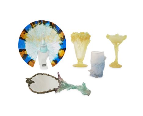 DAUM, FRANCE  COLLECTION OF PATE DE VERRE, LATE 20TH CENTURY   comprising a FOOTED VASE, moulded with Mimosa, 21cm high; a HA