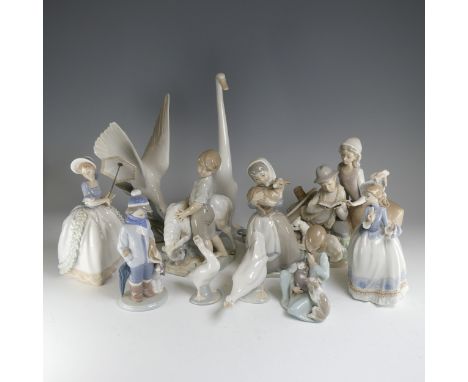 A small quantity of Lladro, to comprise a figural group of a Boy and Girl reading amongst nature, H 23cm, a Girl seated with 