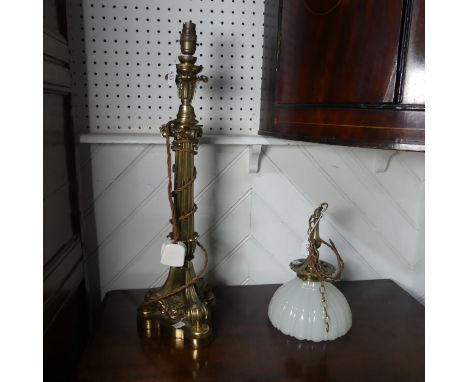 A 20th century brass table Lamp, with scrolled and floral Corinthian column, H 62 cm, together with an electrified hanging Li