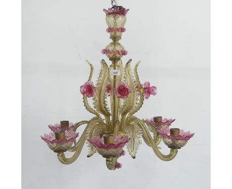 A 20th century Venetian pink and clear glass Chandelier,&nbsp;with six scrolled branches, H 70 cm.