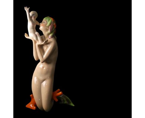 Abele Jacopi for Lenci 'Mamma Sirena' porcelain Figure, the art deco figure with mermaid tail and coral base, holding a baby 