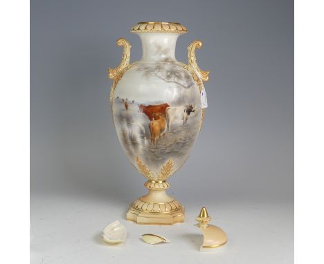John Stinton for Royal Worcester; a twin-handled Vase, of baluster form, finely painted with cattle amongst highland scenes, 