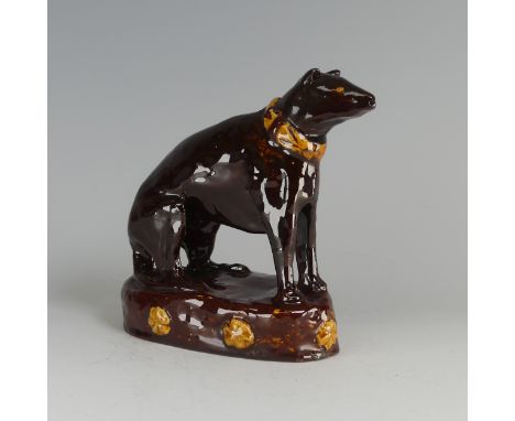 A Fremington Pottery hand built figure of a Greyhound, by Will Short in Wrotham colour scheme with moulded intaglios to plint