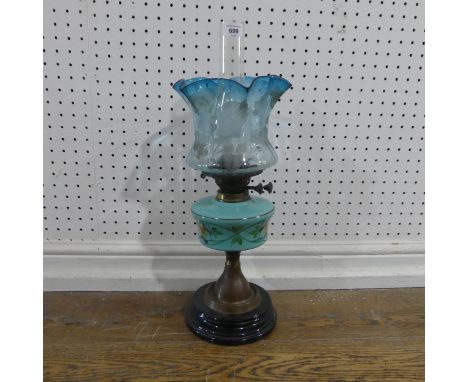 A late Victorian blue glass Oil Lamp, with funnel and shade, H 56 cm.