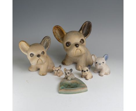 A small quantity of Denby 'Byngo' Dogs, to comprise one large figure, four smaller and a figural ashtray, the largest, H 24cm