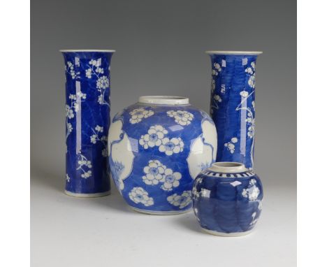 A matched pair of Chinese blue and white prunus pattern Sleeve Vases, mid 20th century, decorated in typical style with apocr