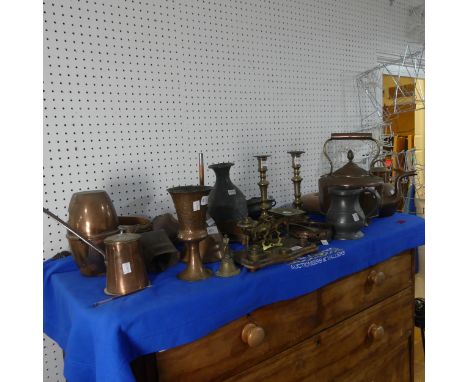 A 19th century copper Kettle, together with a quantity of other 19th century and later copper and brass, including ; strainer