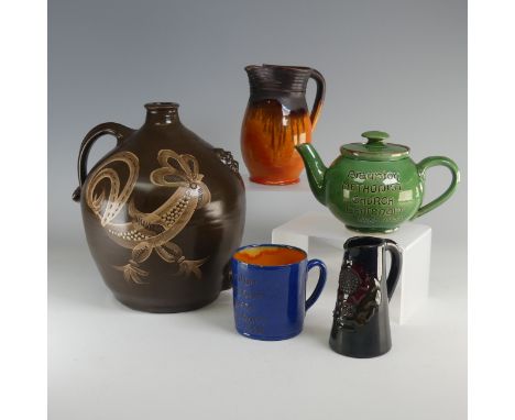 William Fishley Holland (1888-1971) a Clevedon pottery Cider Jar, with slipware cockerel, H 23cm together with an Eltonware J