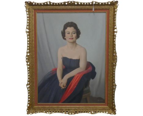 Lambert (20th century), Portrait of a lady in blue dress, seated, three quarter length, oil on canvas, signed "Lambert", 101.