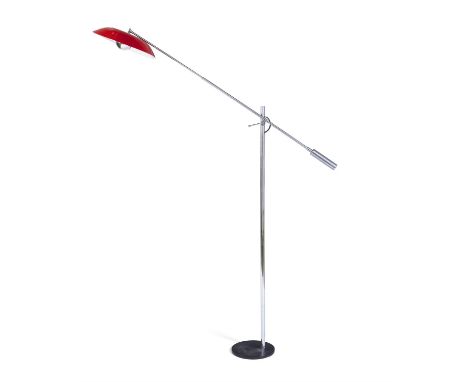 FLOOR LAMP A chrome adjustable height floor lamp with enamel shade, c.1970. 200cm(h)