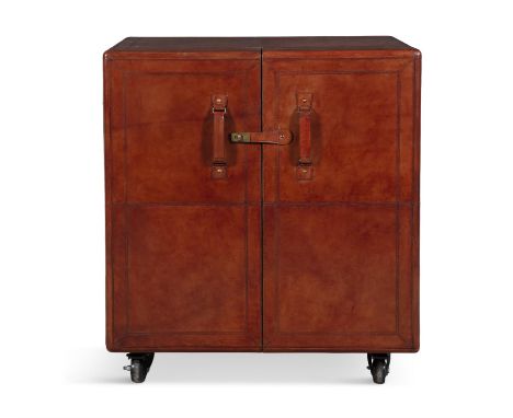 DRINKS CABINET A leather drinks cabinet with fitted interior, on four castors, 81 x 54 x 94cm(h)