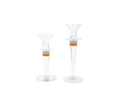 DUO BAROVIER &amp; TOSO Two glass candlesticks, Murano. Signed. 21 and 25cm(h)
