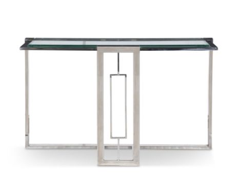 CONSOLE A chrome console with a clear glass top. 124 x 36 x 80cm(h)