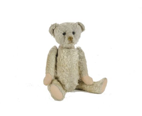 An early white mohair Teddy Bear, 1910-20s, with boot button eyes, pronounced muzzle, restitched brown nose, mouth and claws,