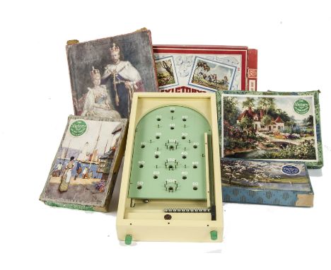Victory wooden Jigsaws: No.145 The Victory Jigsaw game, two circular examples and two other scenic examples; a Mayfair Edward