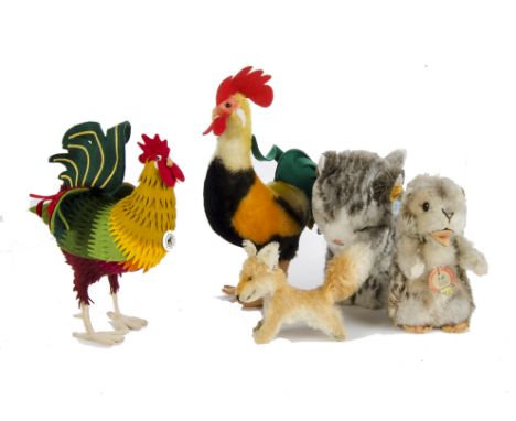 Four post - war Steiff animals and a replica Cockerel: a replica Cockerel 1892, 588 of 1000, in original box with certificate