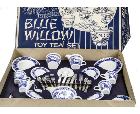 A Kleeware plastic Blue Willow Toy Tea Set, in original box; three composition dolls (one damaged); and a Pedigree Teddy Bear