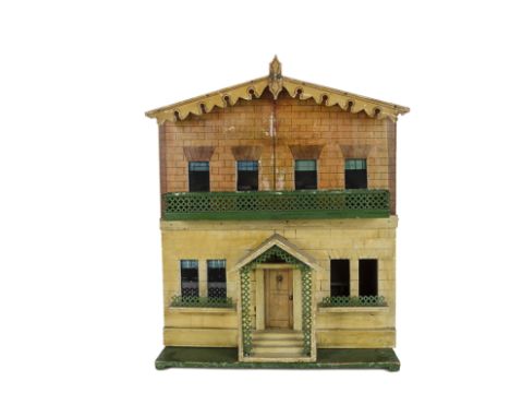 An interesting box back dolls’ house, circa 1900, with four windows on each floor, original glazing with green painted ‘stain